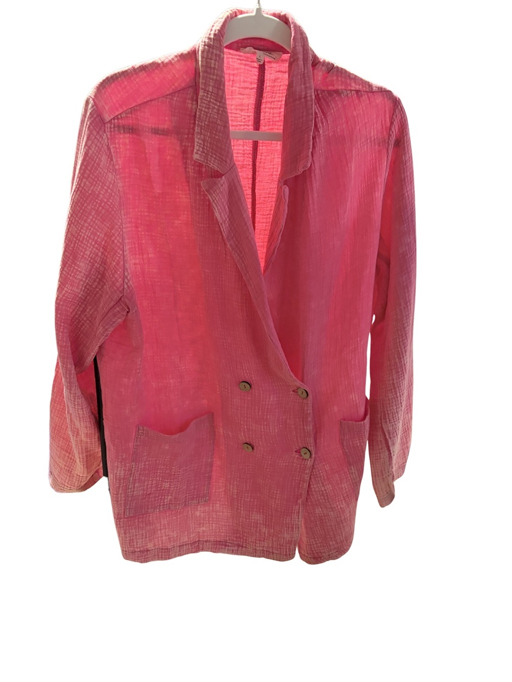 Peach Love California Pink Lightweight Cotton Double Breasted Blazer-Large